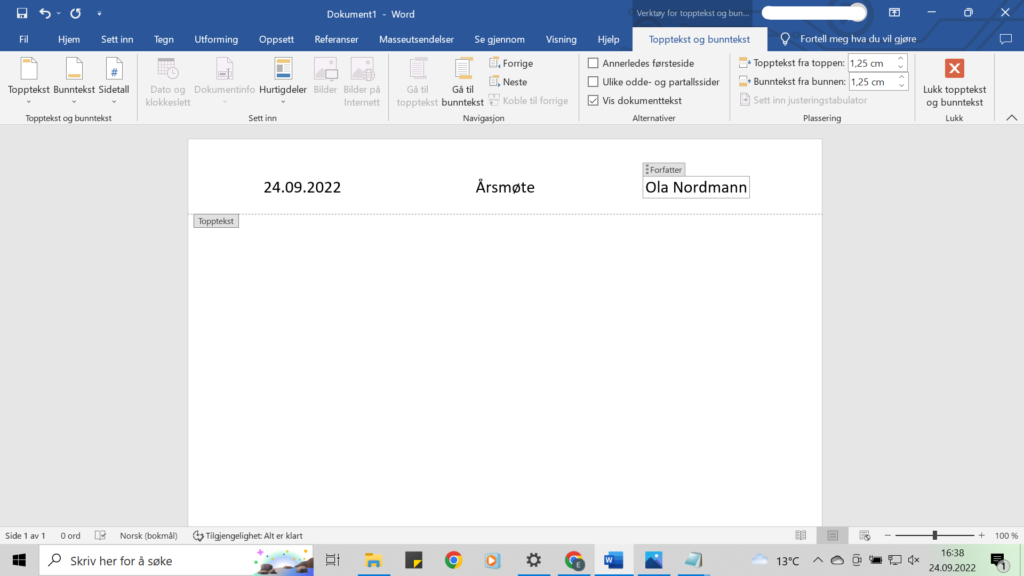 Skjermbilde som viser hvordan et dokument kan se ut med dato, tittel og forfatter definert i toppteksten til et microsoft word dokument. 