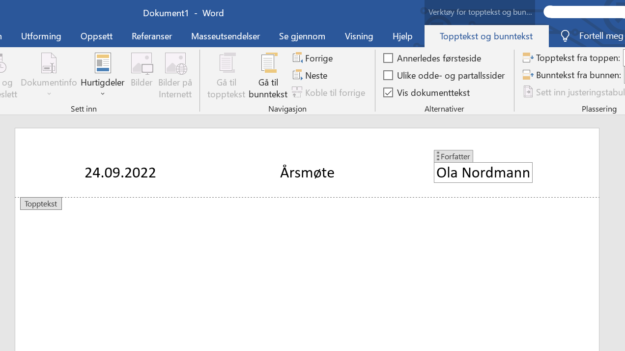 Eksempel på topptekst i Microsoft Word