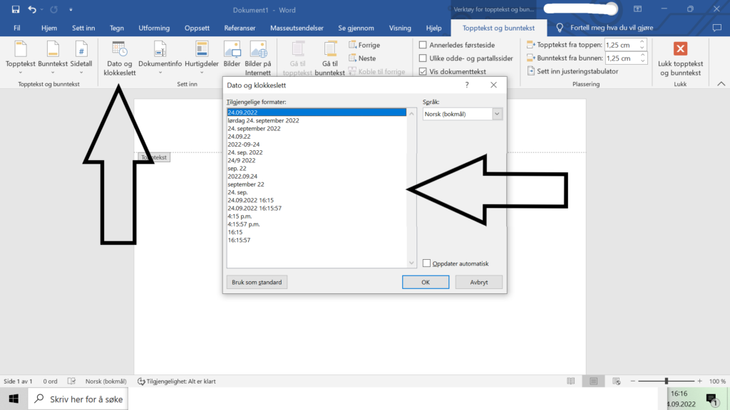 Skjermbilde som viser hvor du skal trykkef or å å få satt inn dato i ønsket datoformat i et microsoft word dokument