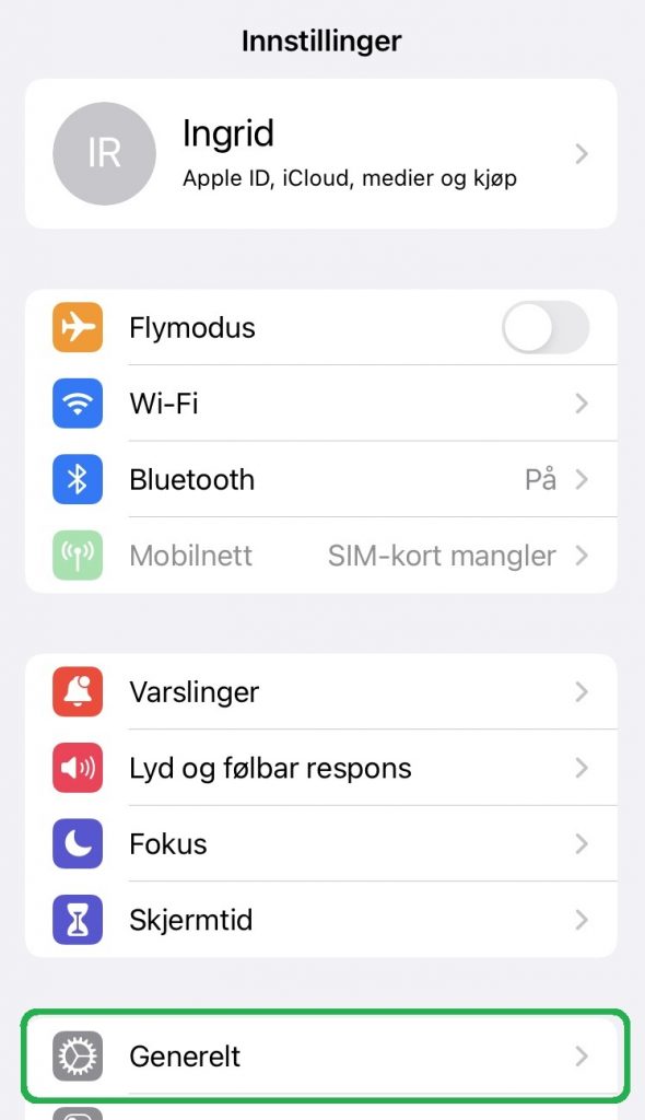 Skjermbilde som viser innstillinger på en iPhone.