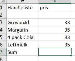 Bilde av handleliste i excel