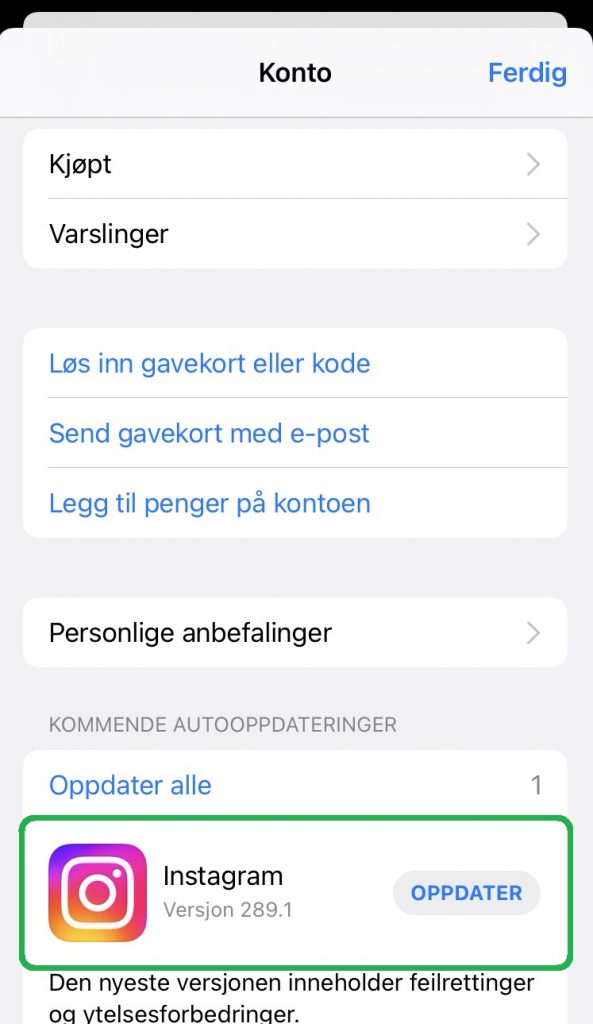 Skjermbilde fra iPhone som viser hvordan en oppdaterer en app i appstore.