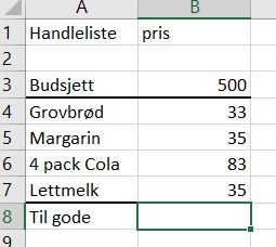 Bilde av handleliste i excel