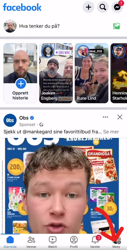 Skjermbilde som vider hvor man finner menyen på facebook-appen.