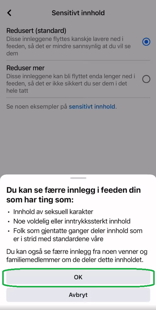 Skjermbilde som viser mer informasjon om valget.