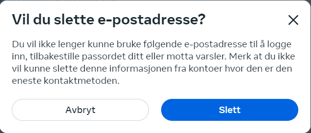 Skjermbilde som viser advarsel når man sletter e-posten fra Facebook.