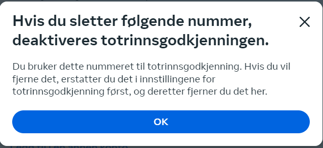 Skjermbilde som viser advarsel man får om man sletter mobilnummeret sitt fra Facebook.