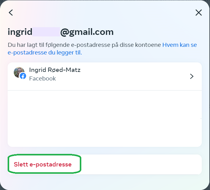 Skjermbilde som viser hvordan man sletter epostadresse hos Facebook.