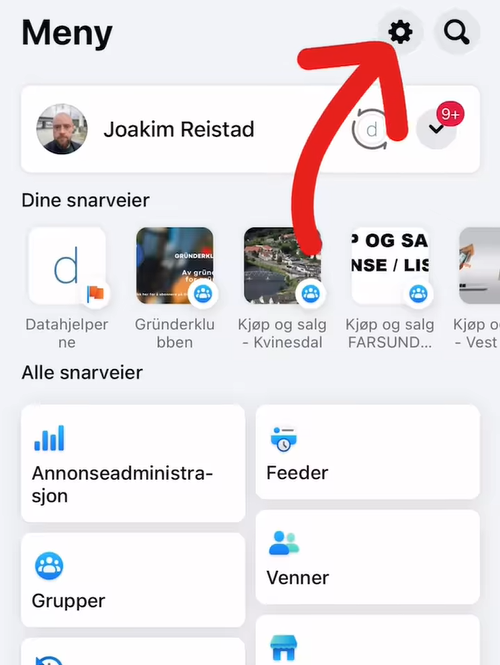 Skjermbilde som viser hvor innstillings-ikonet er på Facebook-app.