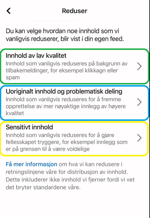 Skjermbilde fra Facebook-app som viser Reduser-alternativene.