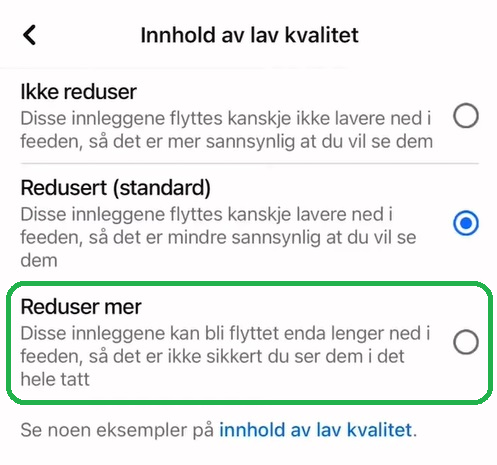 Skjermbilde fra Facebook-app som viser valg for innhold av lav kvalitet.