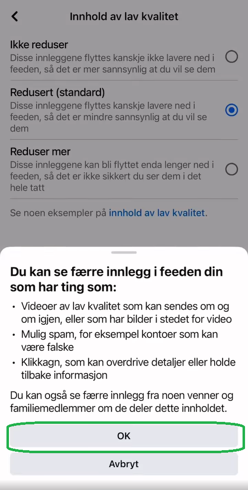 Skjermbilde som viser mer informasjon om valget.