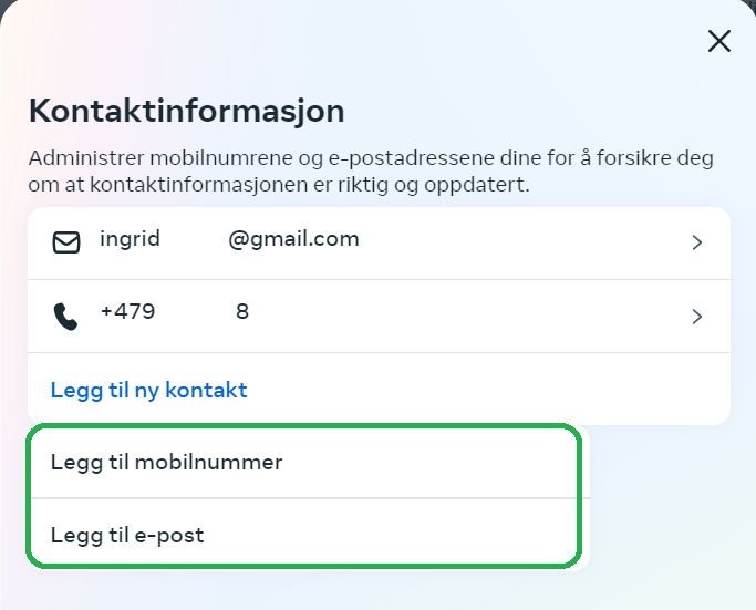 Skjermbilde som viser hvor man kan trykke for å legge til mobilnummer og epost.