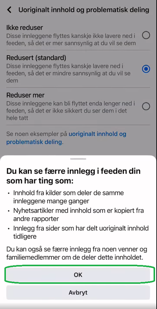 Skjermbilde som viser mer informasjon om valget.