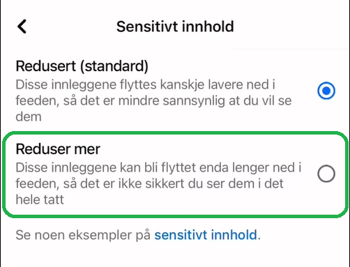 Skjermbilde av valgene for sensitivt innhold.