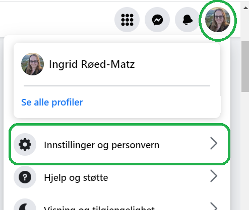 Screenshot som viser hvor valget "Innstillinger og personvern" er på Facebook.