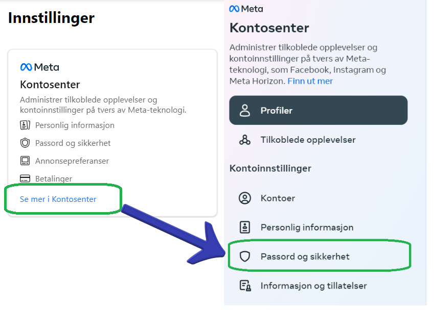 Screenshot som viser hvor valget "Se mer i kontosenter" og "Passord og sikkerhet" er på Facebook.