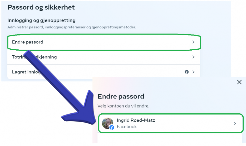 Screenshot som viser hvor valget "Andre passord" er på Facebook og hvordan man kan velge profilen det gjelder.