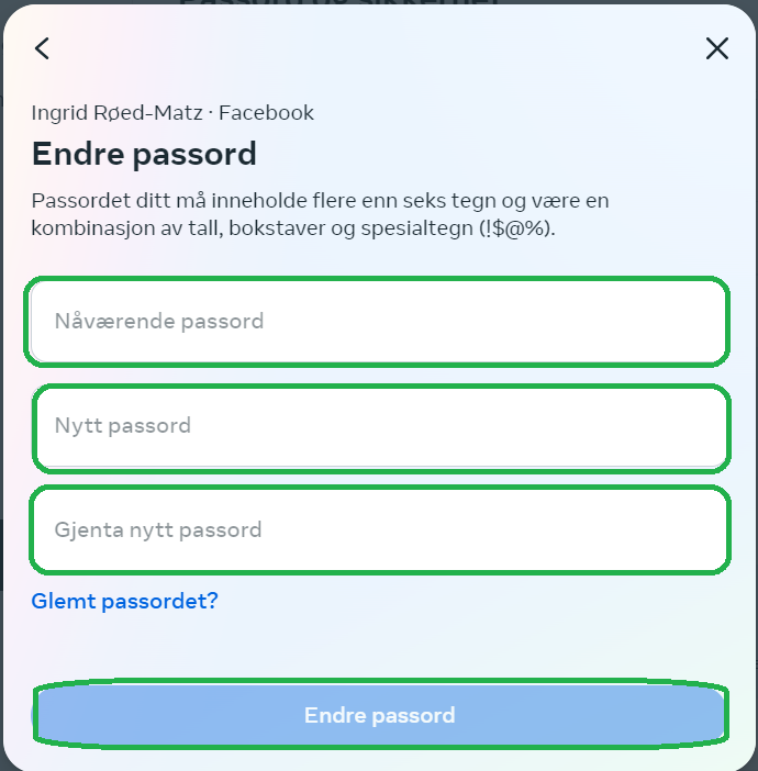 Screenshot som viser hvordan man legger inn nytt passord på Facebook.