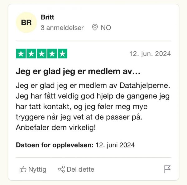 Trustpilot tilbakemelding på Datahjelperne Pluss