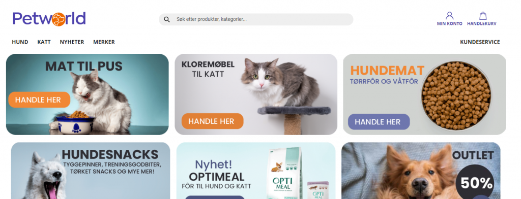 Skjermbilde av øverste del av forsiden på petworld.no.