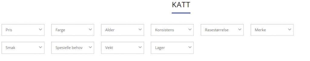 Skjermbilde som viser filterkriteriene i nettbutikken.