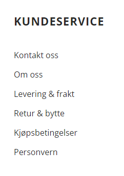 Skjermbilde som viser alternativene innen kundeservice på nettsiden petworld.no. 