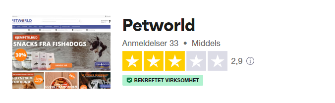 Skjermbilde som viser Petworlds skåre på Trustpilot.