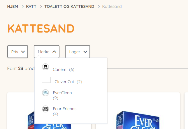 Skjermdump av filtreringsmulighet i nettbutikken.