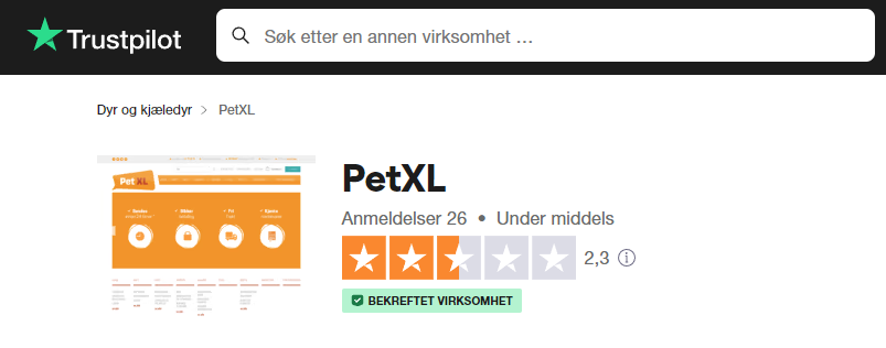 Skjermdump av skåre på trustpilot