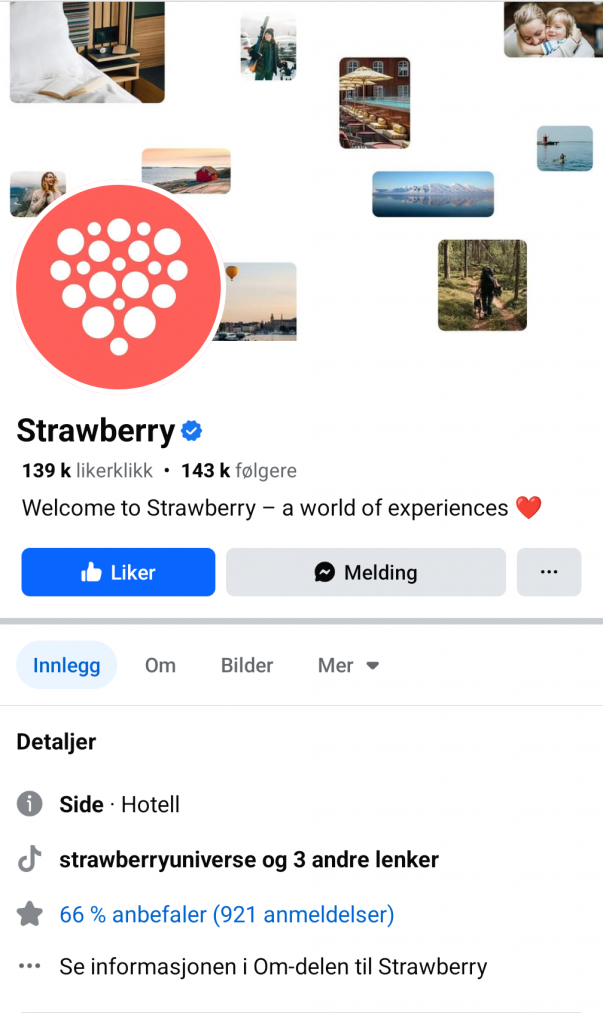 Skjermbilde fra mobil av Strawberrys Facebook-side