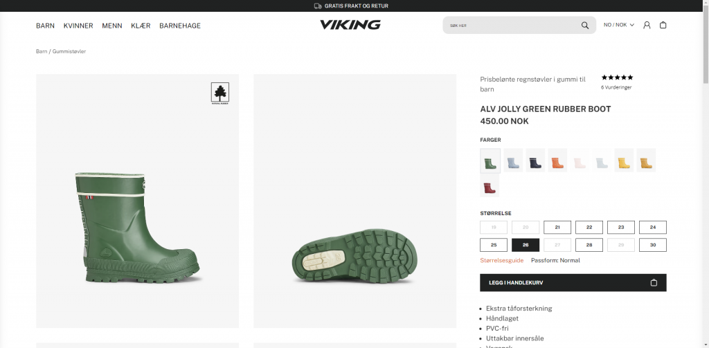 Skjermbilde av bestillingsprosessen på vikingfootwear.com/no