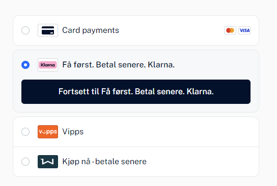 Skjermbilde av betalingsmåtene jeg fikk tilbudt på vikingfootwear.com/no