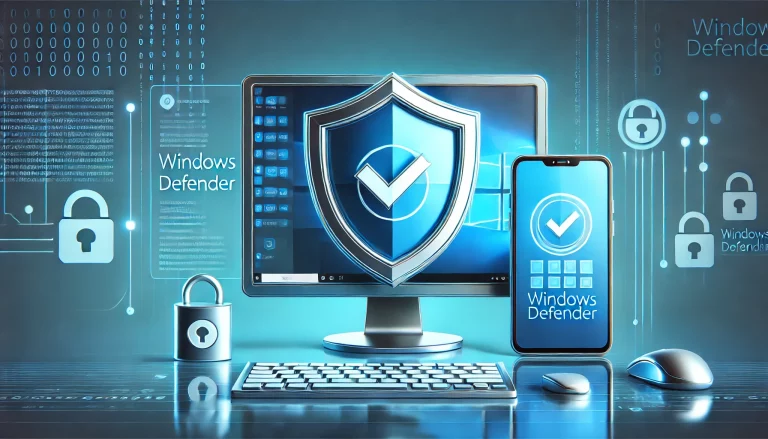 DALL·E 2025-01-07 14.50.17 - A modern and sleek illustration depicting cybersecurity, showing a shield with a checkmark in front of a desktop computer and a smartphone. The comput