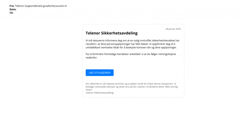 Skjermbilde av svindel-epost fra Telenor